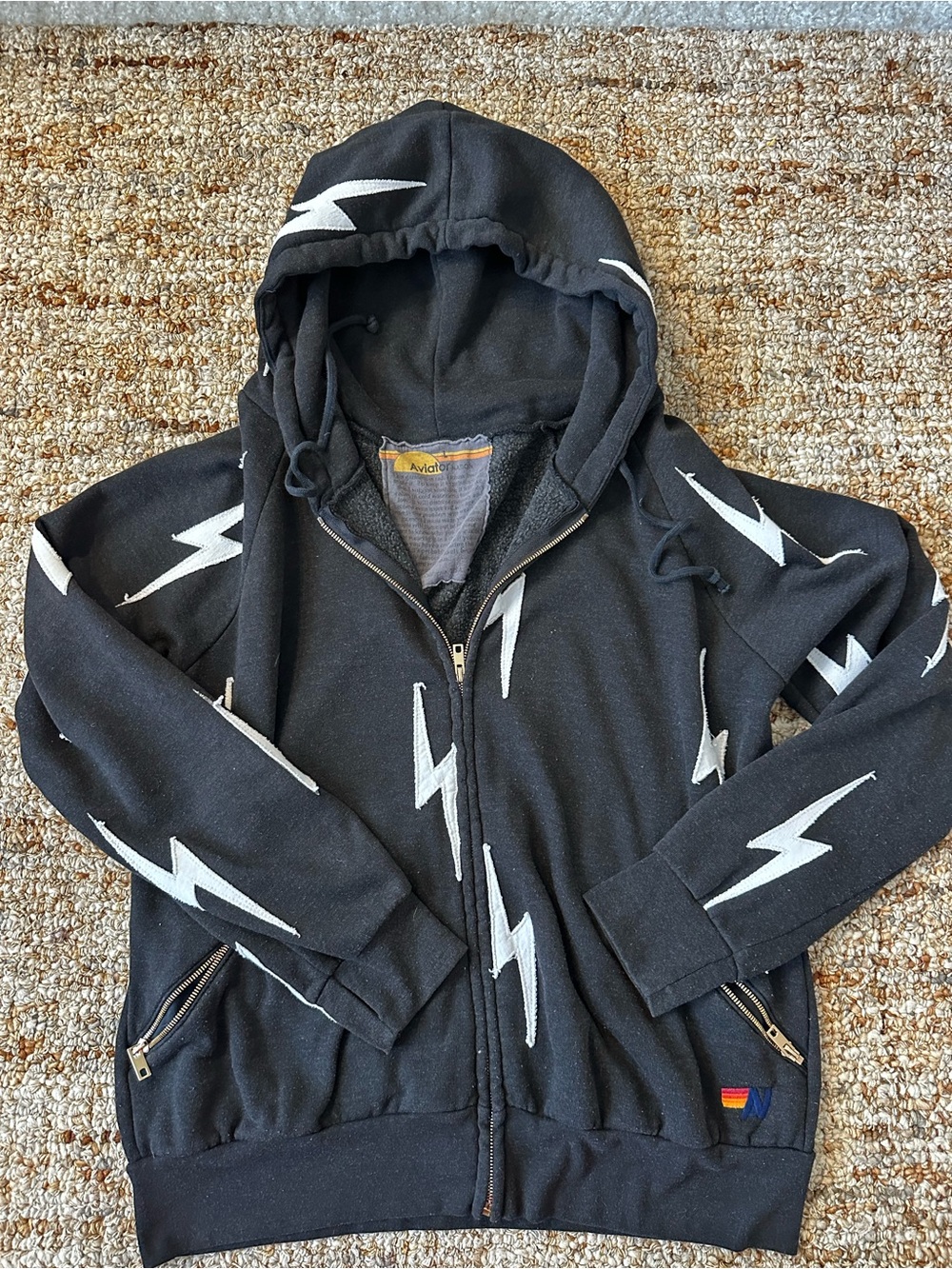 Rare Aviator Nation Black Hoodie with White Lightning Bolts